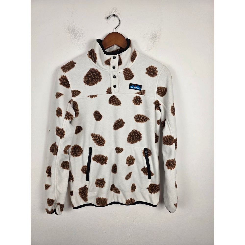 KAVU Cavanaugh Fleece Pullover XS Cream Brown Pinecone Snap‎ Neck Mock Jacket